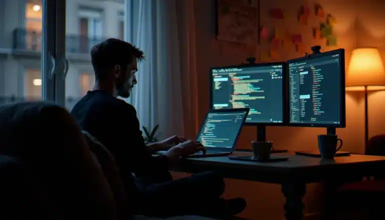 Développeur travaillant tard sur le tech guide Alura dans un appartement parisien, code affiché à l'écran et tableau de bord de progression visible