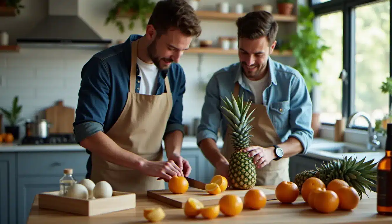 Deux développeurs préparant les ingrédients d'un PAF tech en coupant des fruits frais dans une cuisine de co-working moderne