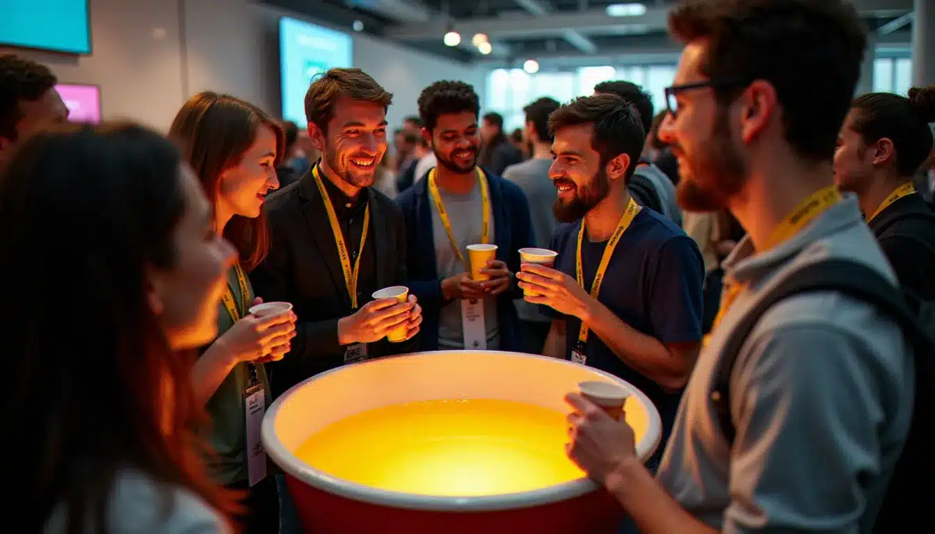 Groupe de participants à un hackathon réunis autour d'un PAF lors d'une pause conviviale, incarnant l'esprit de partage des événements tech