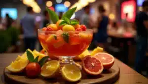Grand saladier de punch PAF coloré entouré de fruits frais lors d'un événement tech, illustrant la tech paf recette typique des hackathons