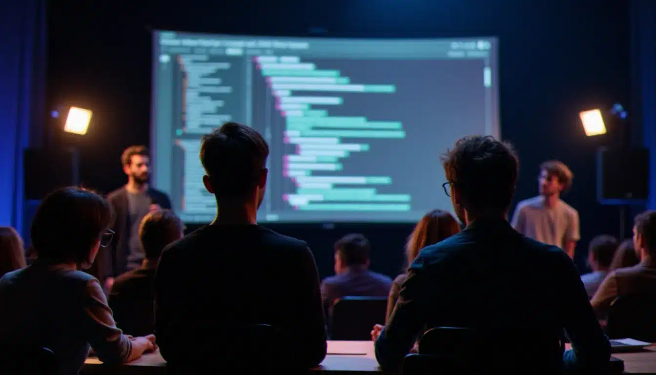 Équipe en hackathon présentant un prototype rapide avec interface tech sans fonts devant un jury
