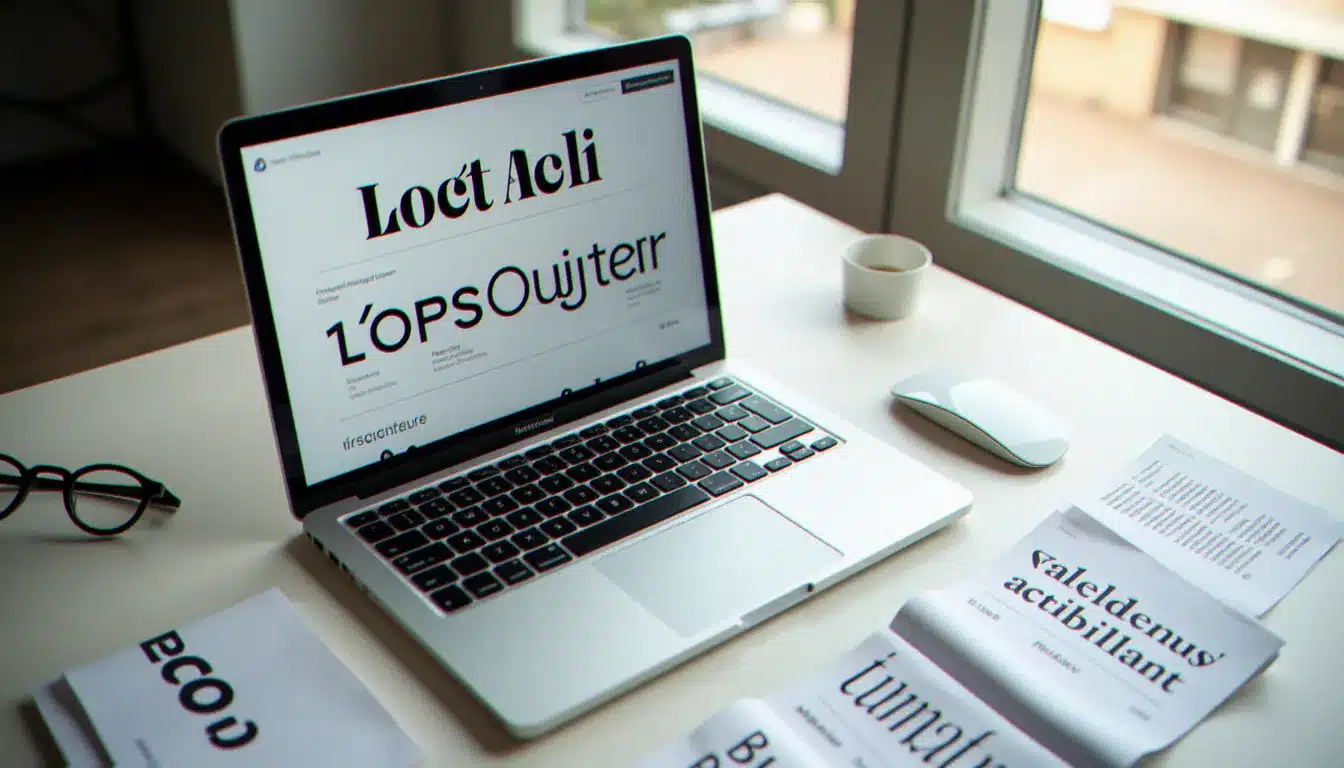 Vue de dessus d'un bureau de designer avec un ordinateur portable affichant une comparaison de polices sans serif et des spécimens typographiques imprimés