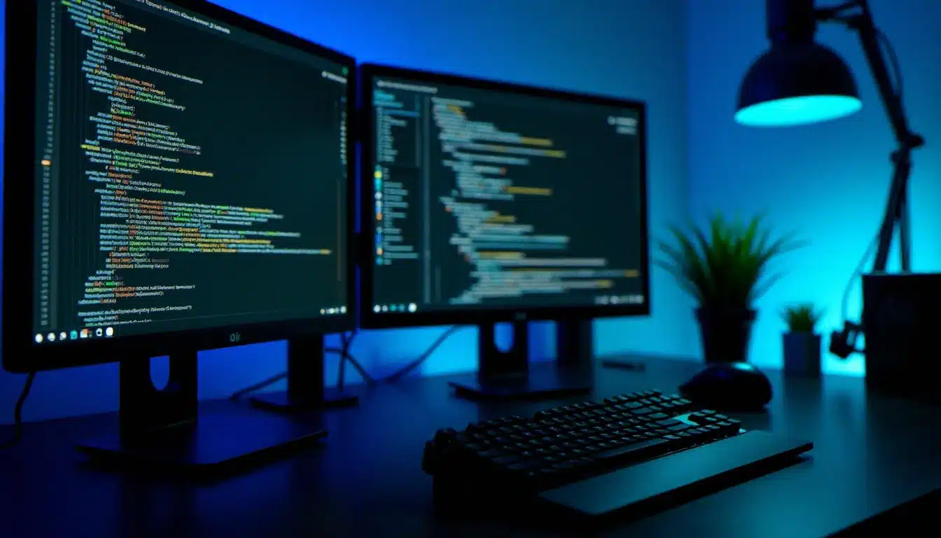 Double écran de développeur en mode sombre affichant un éditeur de code avec une police monospace sans serif, illustrant l'utilisation des tech sans serif fonts dans un environnement de développement