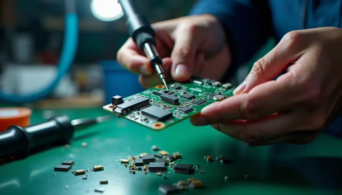 Ingénieur travaillant sur un prototype de circuit imprimé avec des composants électroniques de surface, symbolisant les projets hardware qui dépendent de distributeurs spécialisés