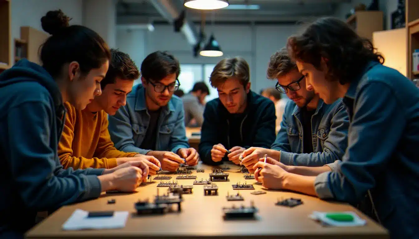 Équipe de makers assemblant un prototype IoT lors d'un hackathon hardware, avec des modules et capteurs électroniques sur la table de travail