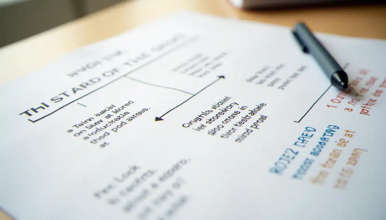 Plan manuscrit d'un commentaire composé avec axes thématiques organisés et citations littéraires annotées en couleur