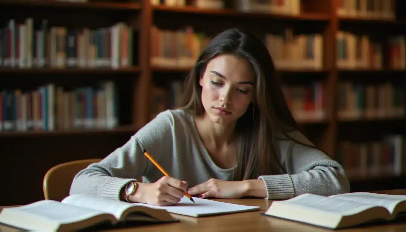 Étudiante rédigeant un commentaire composé dans une bibliothèque universitaire, entourée de manuels de littérature française ouverts