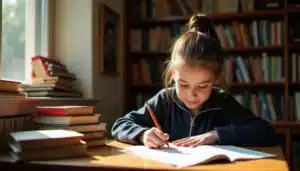 Étudiant français annotant un texte littéraire à son bureau de bibliothèque pour préparer sa technique de commentaire composé