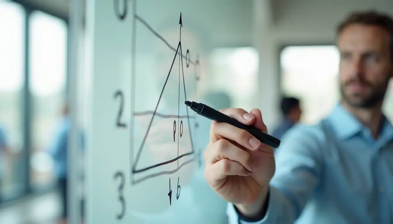 Graphe de dépendances dessiné à la main sur un tableau en verre illustrant la méthode de priorisation effet bowling