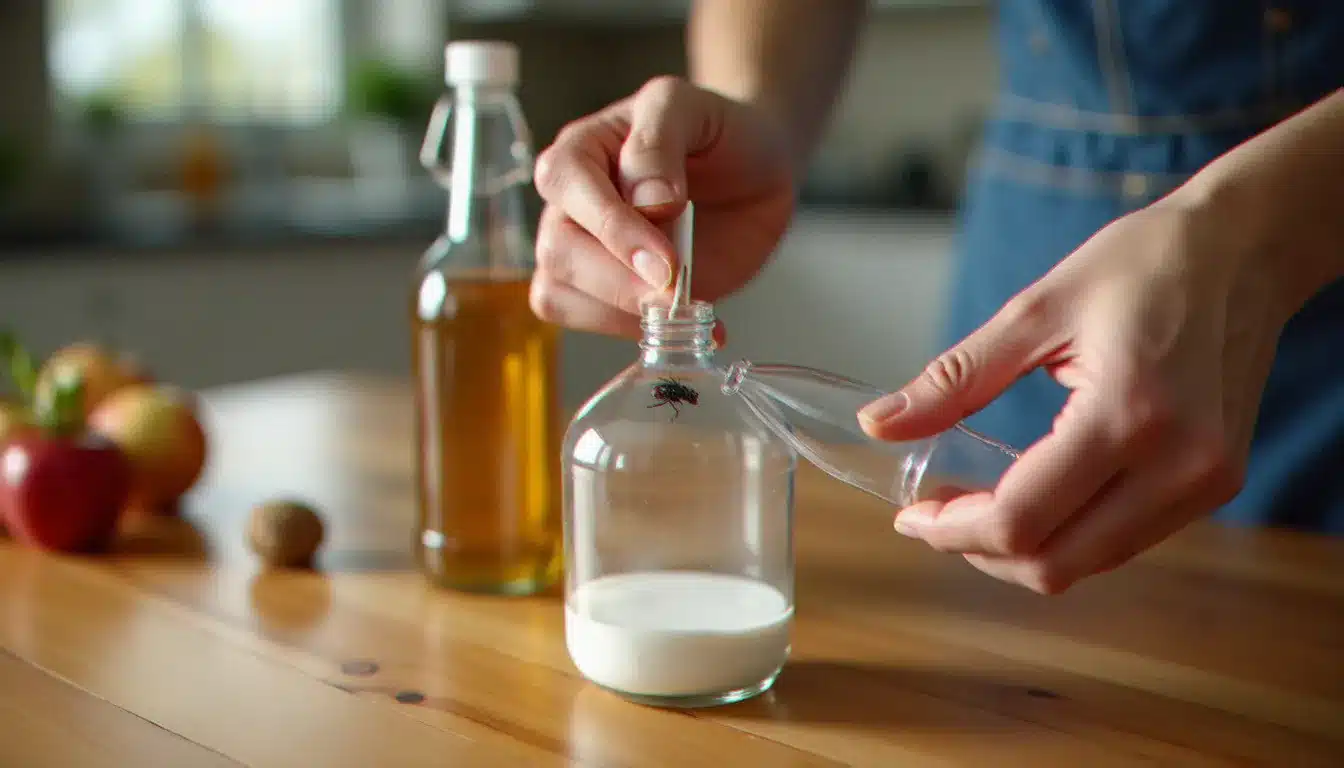 Fabrication d'un piège à mouches maison avec une bouteille plastique coupée et de l'eau sucrée au vinaigre de cidre, posé sur une table en bois