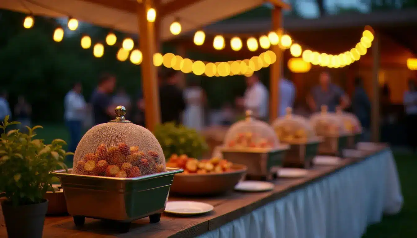 Espace repas extérieur lors d'un événement en soirée avec éclairage chaud, aliments couverts et pots de basilic répulsifs pour lutter contre les mouches