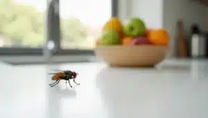 Mouche domestique posée sur un plan de cuisine près d'un bol de fruits, illustrant la problématique des techniques efficaces contre les mouches en intérieur