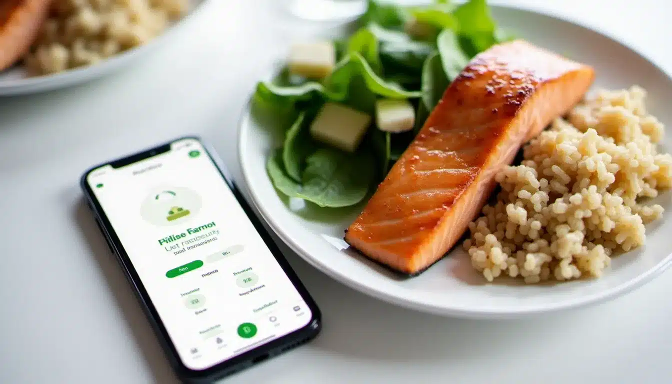 Suivi nutritionnel sur smartphone à côté d'une assiette équilibrée, représentant le calcul du déficit calorique comme technique de perte de poids