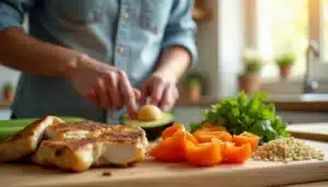 Préparation d'un repas équilibré avec légumes frais et protéines, illustrant une technique efficace pour perdre du poids par l'alimentation saine