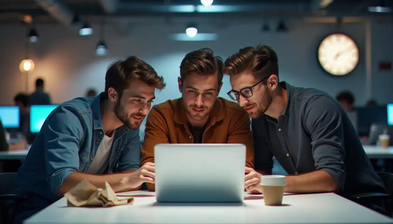 Équipe en phase de prototypage pendant un hackathon, penchée sur un laptop en fin de journée