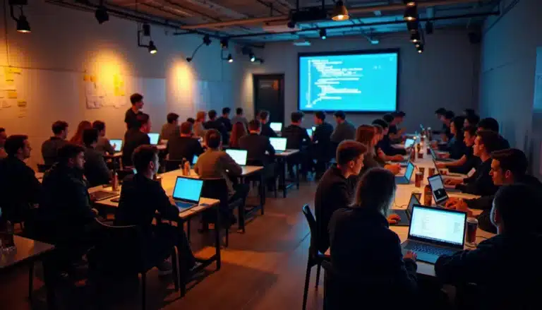 Participants d'un hackathon tech avec Bertrand travaillant en équipe dans un open space parisien le soir