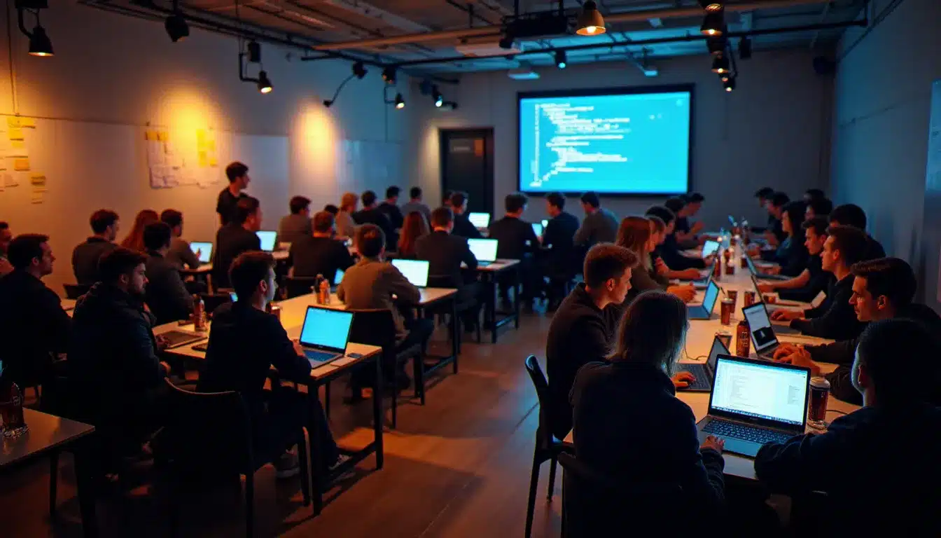 Participants d'un hackathon tech avec Bertrand travaillant en équipe dans un open space parisien le soir