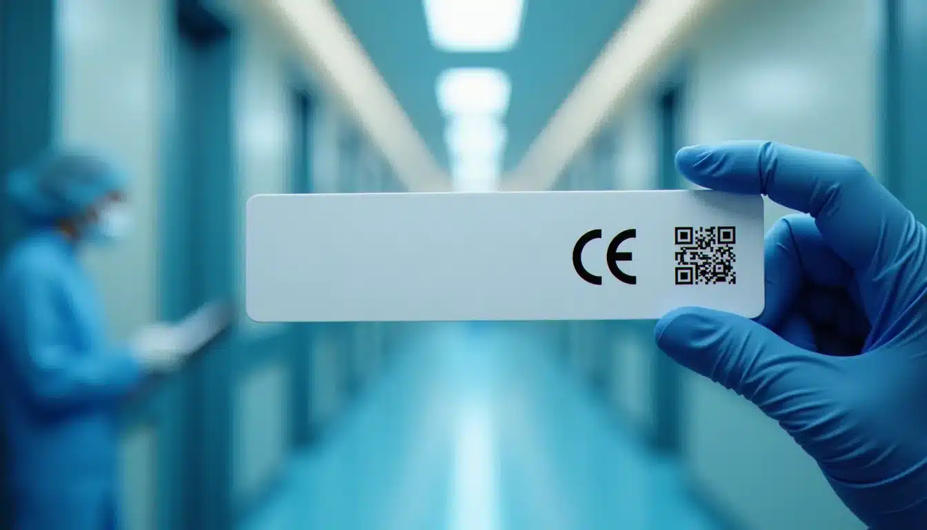 Main gantée présentant un certificat de marquage CE pour un dispositif médical, illustration du cycle d'homologation