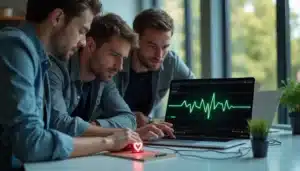 Équipe de jeunes ingénieurs autour d'un prototype de capteur ECG connecté pour un projet de tech biomedical engineering