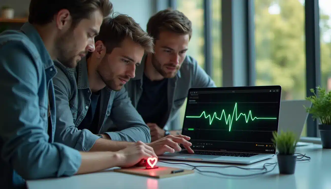 Équipe de jeunes ingénieurs autour d'un prototype de capteur ECG connecté pour un projet de tech biomedical engineering