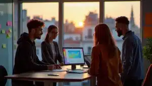 Équipe de jeunes développeurs en pleine démo tech dans un espace de coworking parisien, illustrant l'énergie du segment tech France 24