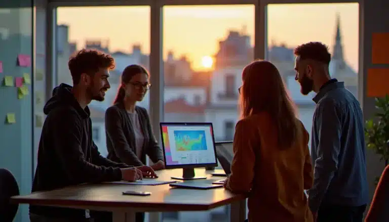 Équipe de jeunes développeurs en pleine démo tech dans un espace de coworking parisien, illustrant l'énergie du segment tech France 24