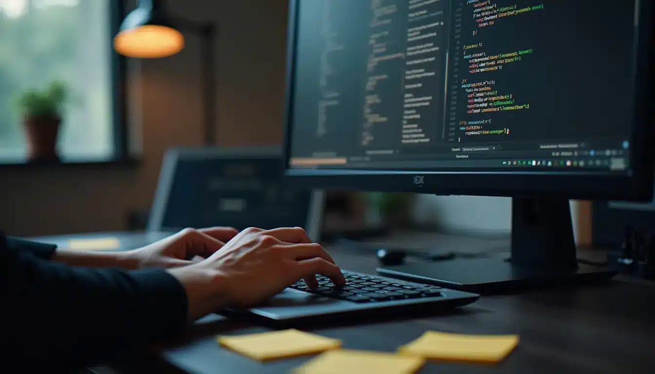 Mains sur un clavier mécanique, écran affichant un MVP de recommandation produit et un script Python de pipeline data, illustration de la transposition hackathon de la stratégie DTC
