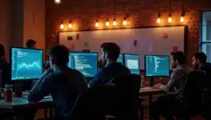 Espace de travail d'un hackathon parisien la nuit, développeurs autour d'écrans affichant des dashboards data et du code, évoquant l'écosystème tech France Nike