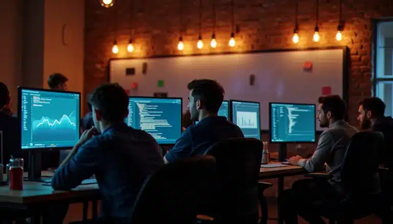 Espace de travail d'un hackathon parisien la nuit, développeurs autour d'écrans affichant des dashboards data et du code, évoquant l'écosystème tech France Nike