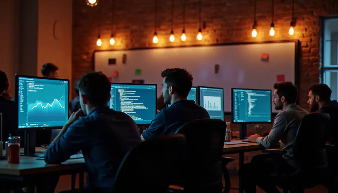 Espace de travail d'un hackathon parisien la nuit, développeurs autour d'écrans affichant des dashboards data et du code, évoquant l'écosystème tech France Nike