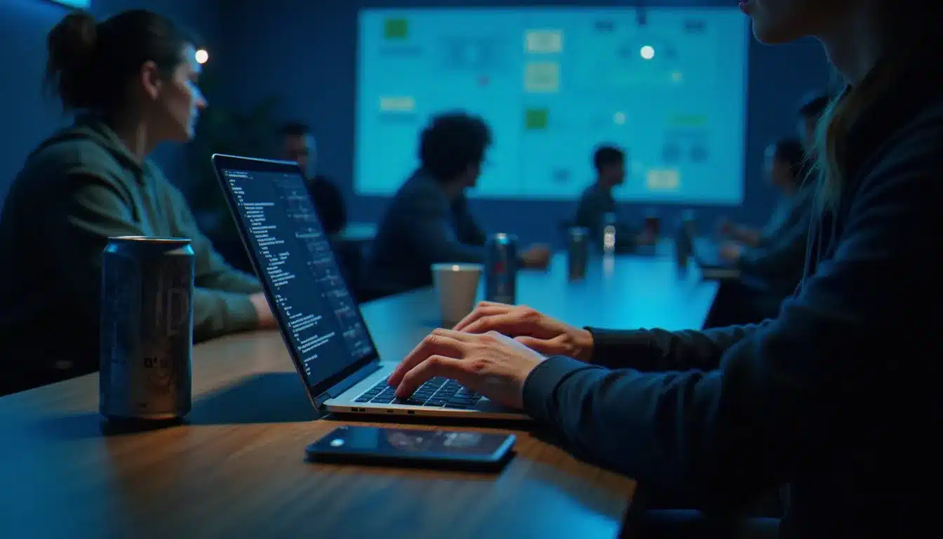Mains de développeurs codant sur un laptop lors d'un hackathon nocturne, café et post-it en arrière-plan