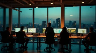 Équipe tech ENR analysant des tableaux de bord d'énergie renouvelable en temps réel dans un open space parisien moderne au coucher du soleil
