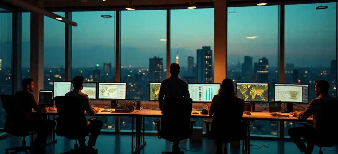 Équipe tech ENR analysant des tableaux de bord d'énergie renouvelable en temps réel dans un open space parisien moderne au coucher du soleil