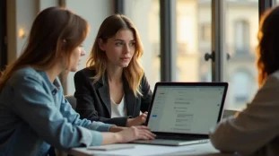 Une product manager et son équipe analysant les avis tech global university dans un espace de coworking parisien lumineux