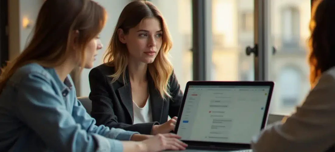 Une product manager et son équipe analysant les avis tech global university dans un espace de coworking parisien lumineux