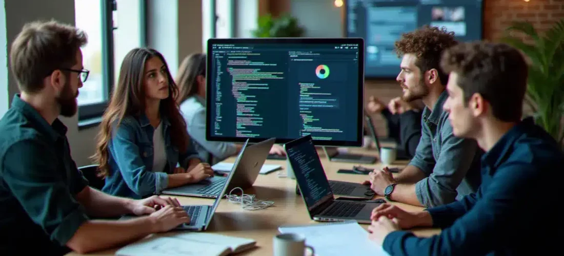 Équipe de développeurs concentrés autour d'un écran lors d'un hackathon tech à Paris, illustrant les conditions réelles d'évaluation des avis Tech Limited