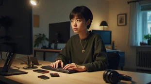 Professionnelle tech parisienne préparant son équipement avis tech shop avant un hackathon, avec hub USB-C, câbles réseau et accessoires disposés sur un bureau moderne