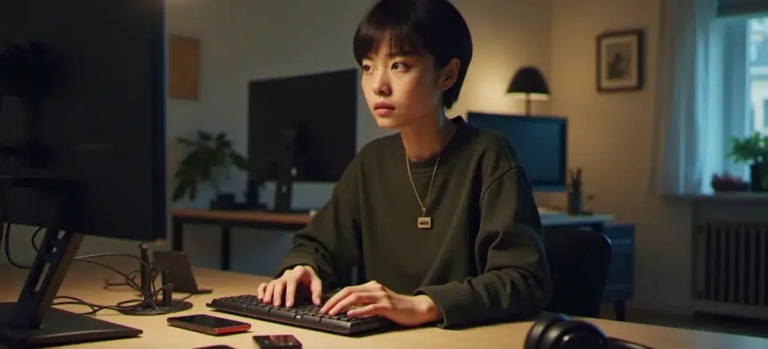 Professionnelle tech parisienne préparant son équipement avis tech shop avant un hackathon, avec hub USB-C, câbles réseau et accessoires disposés sur un bureau moderne