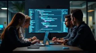 Équipe pluridisciplinaire travaillant en sprint intensif lors d'une tech task force, entourée d'écrans et de post-its dans un espace de coworking moderne