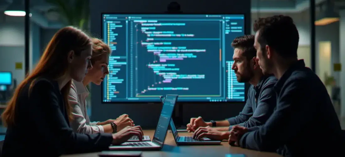 Équipe pluridisciplinaire travaillant en sprint intensif lors d'une tech task force, entourée d'écrans et de post-its dans un espace de coworking moderne