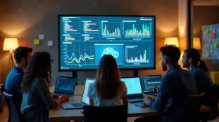 Équipe de participants à un hackathon tech VIP travaillant intensément sur des visualisations de données dans un laboratoire d'innovation parisien moderne