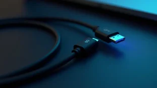 Cable O.MG USB-C posé sur un bureau sombre, avec une LED bleue discrète visible dans le connecteur, illustrant la nature d'implant Wi-Fi dissimulé de cet outil de sécurité offensive