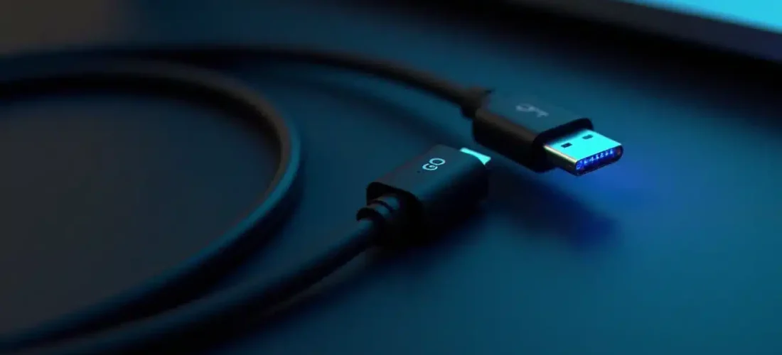 Cable O.MG USB-C posé sur un bureau sombre, avec une LED bleue discrète visible dans le connecteur, illustrant la nature d'implant Wi-Fi dissimulé de cet outil de sécurité offensive