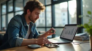 Un ingénieur tenant un module cell tech IoT avec carte SIM pour connecter un capteur lors d'un hackathon tech à Paris