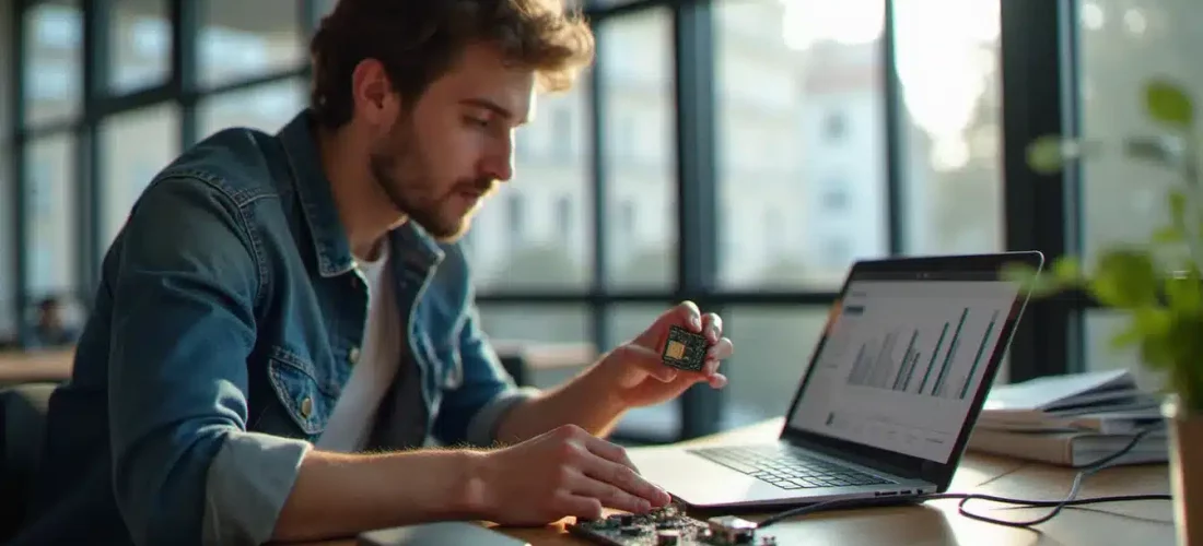 Un ingénieur tenant un module cell tech IoT avec carte SIM pour connecter un capteur lors d'un hackathon tech à Paris