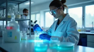Scientifique examinant une culture cellulaire en flacon dans un laboratoire de biotechnologie moderne, illustrant la précision requise pour anticiper le cell tech effet secondaire