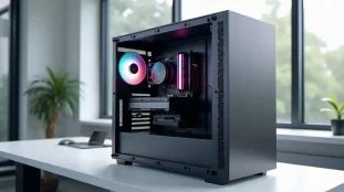 Un PC de bureau haut de gamme ouvert montrant ses composants internes, prêt pour l'installation de macOS sur PC selon la méthode Hackintosh