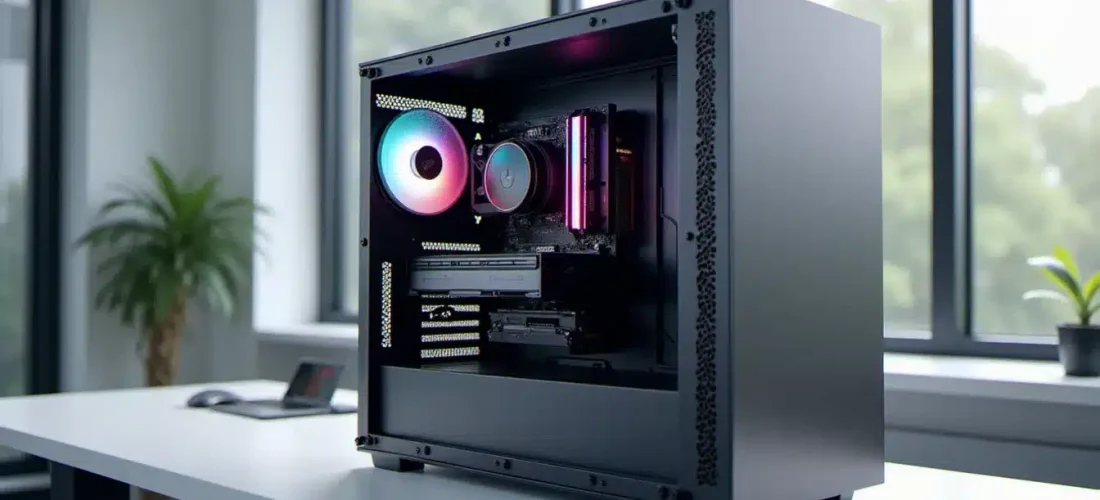 Un PC de bureau haut de gamme ouvert montrant ses composants internes, prêt pour l'installation de macOS sur PC selon la méthode Hackintosh