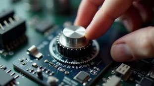 Main actionnant un encodeur rotatif argenté sur circuit imprimé, illustrant le fonctionnement de la tech molette