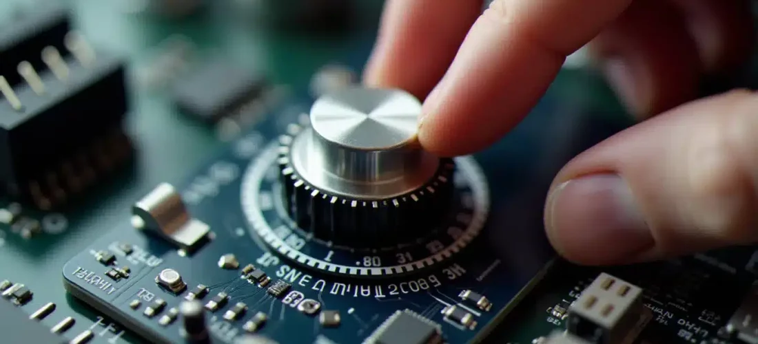 Main actionnant un encodeur rotatif argenté sur circuit imprimé, illustrant le fonctionnement de la tech molette